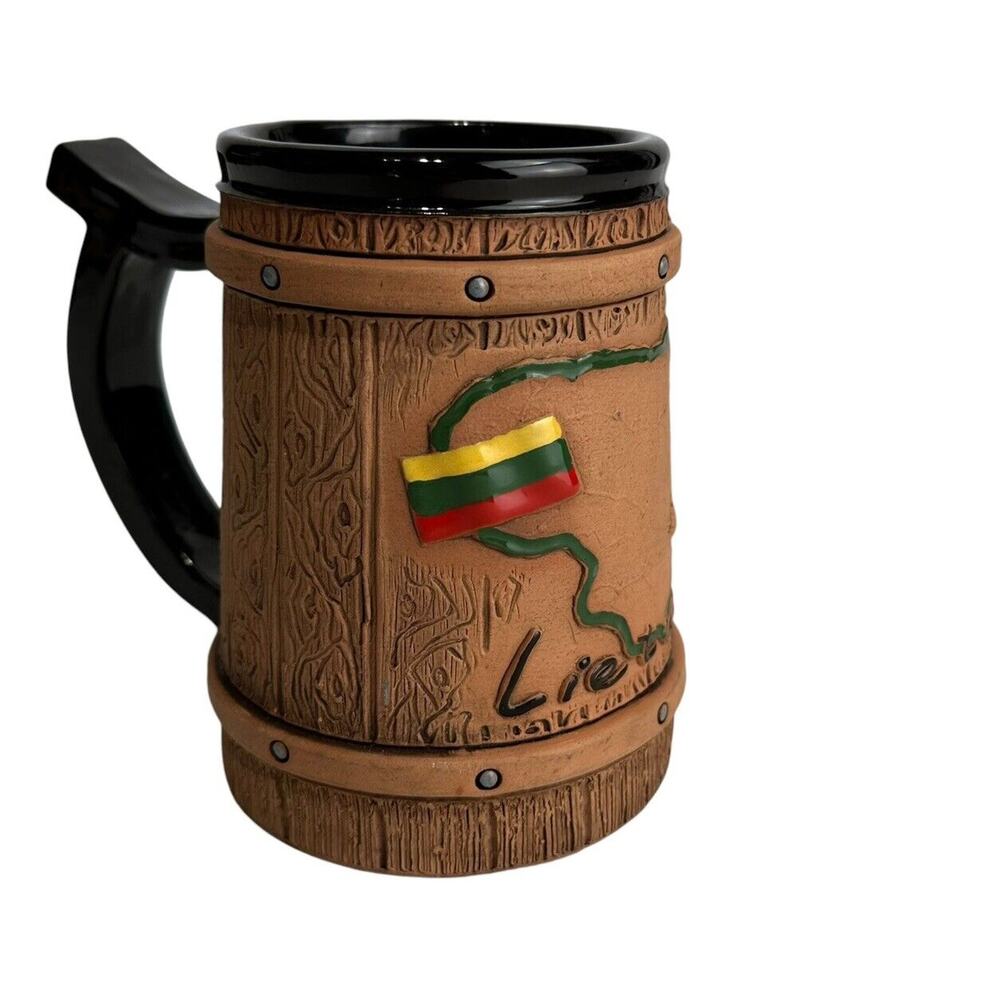 Lithuania Flag Suvena D. Laskovia Hand Made Ceramic Barrel Mug Cup Stein